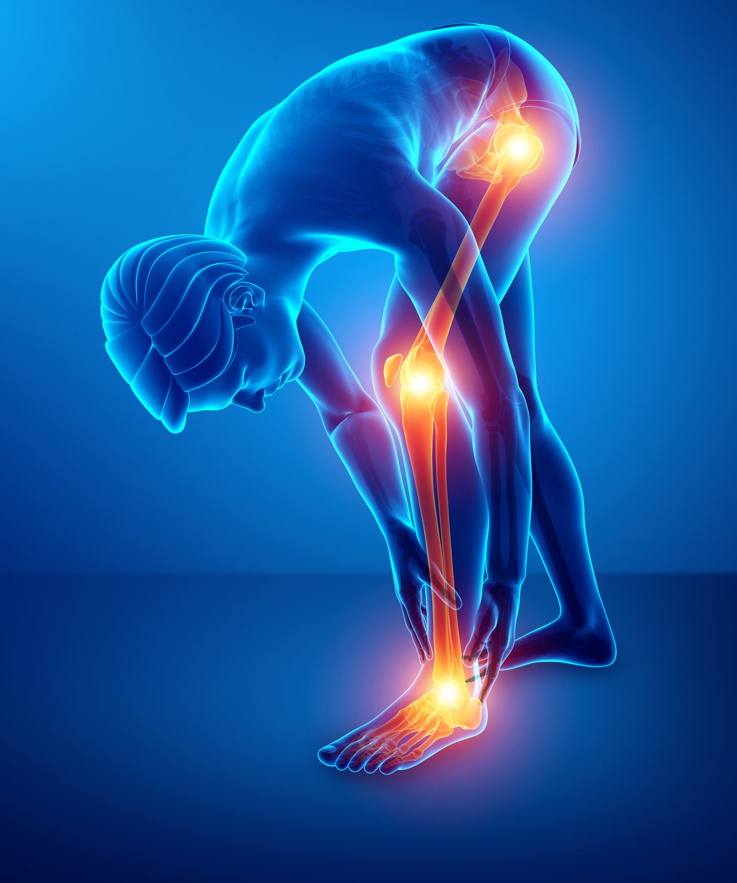 illustration of body showing kinetic chain -- foot, knee, hip -- pain points