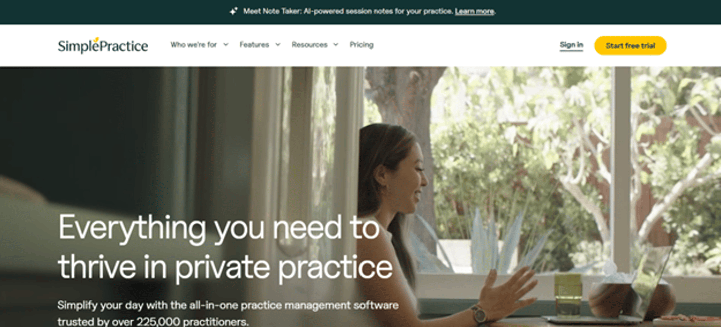 Screenshot of SimplePractice's website