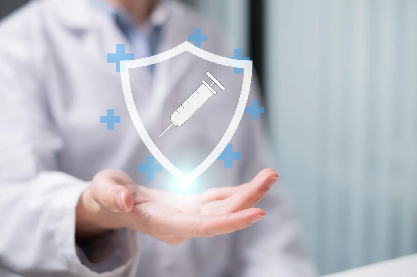 Professional health care medical worker physician doctor vaccine immunization illness virus prevention concept syringe with shield clinic treatment injection pharmacy protection flu insurance needle; Shutterstock ID 2577762569