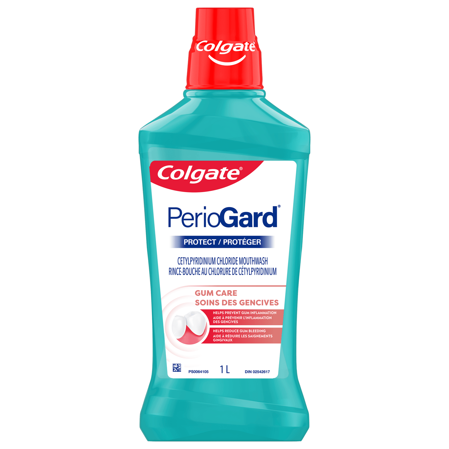 A blue bottle of Colgate PerioGard Protect mouthwash