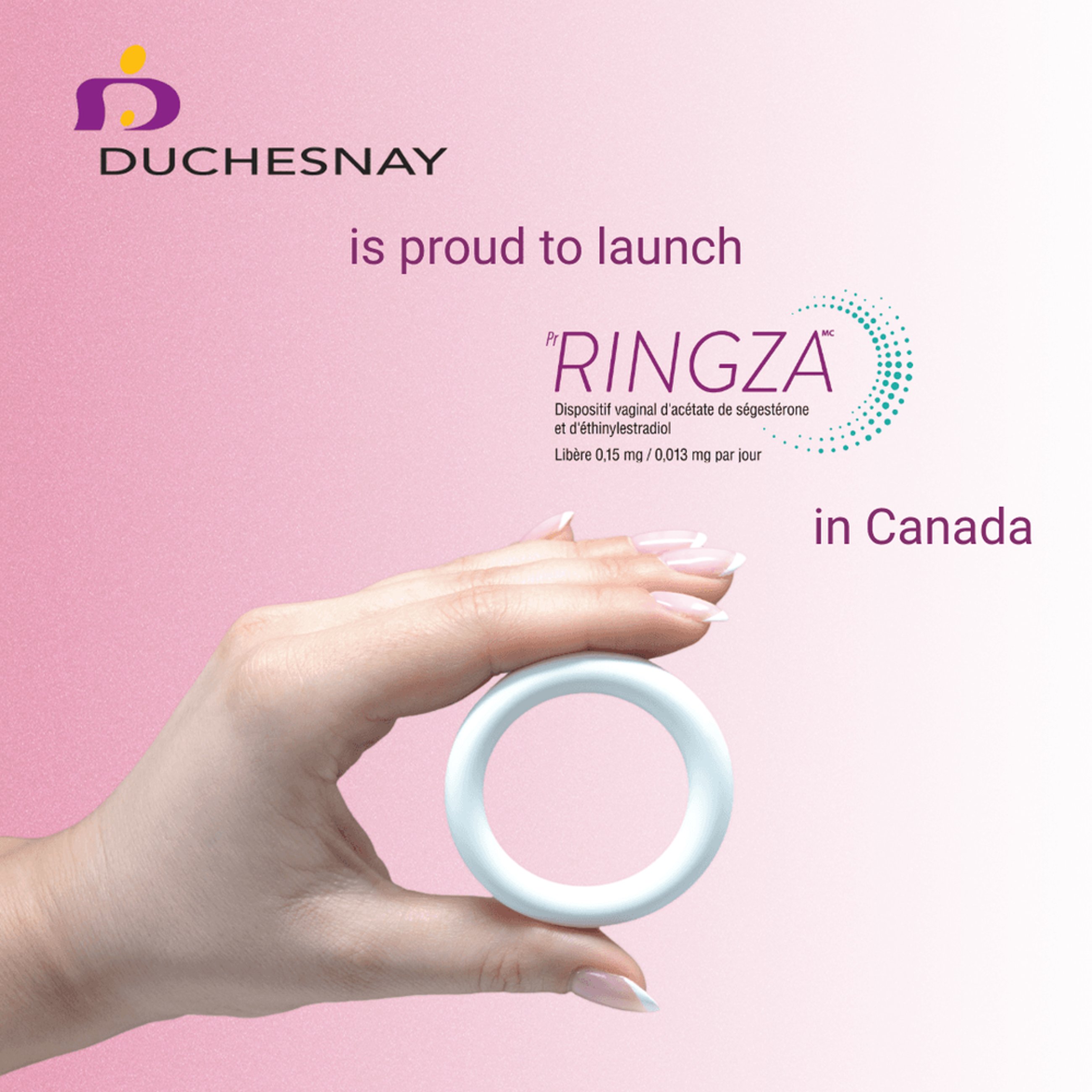 A product poster from the Quebec-based pharmaceutical company Duchesnay depicts a hand holding the Ringza vaginal contraceptive ring.