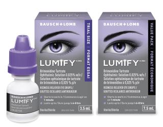 Purple Lumify boxes sit next to a vial with a dropper